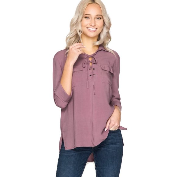 She + Sky Tops - Lace Up Shirt With Pockets, Dusty Mauve